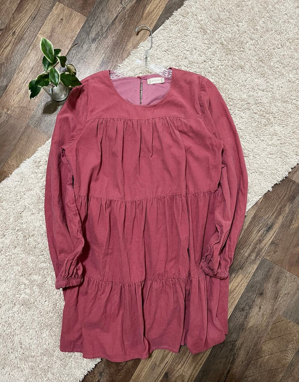 Altar'd State Size Medium Pink Corduroy Long Sleeve Tiered Keyhole Mini Dress